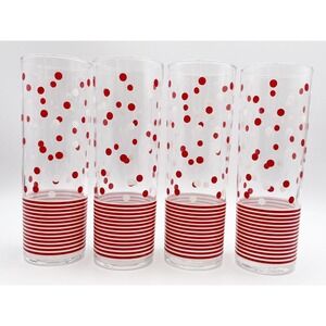 Vintage Libbey Red Striped And Polka Dots Tom Collins Tumbler Glasses Set Of 4